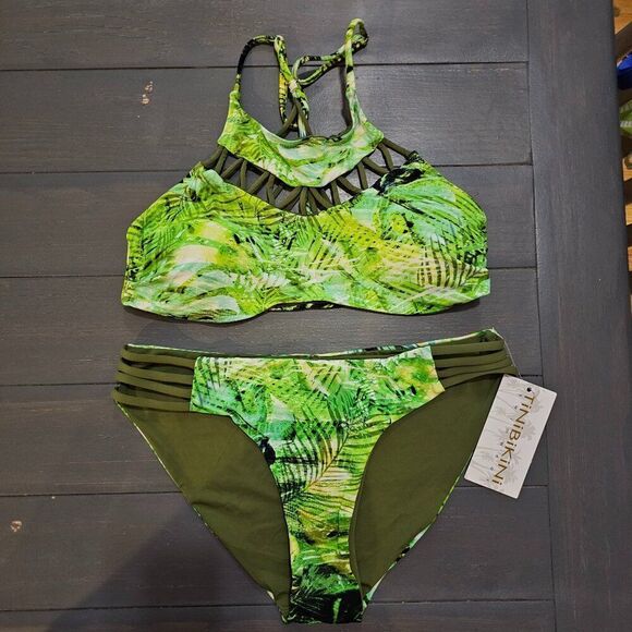 TiniBikini Women's Tropical Green Reversible high neck Bikini Set Size Medium - Picture 2 of 9